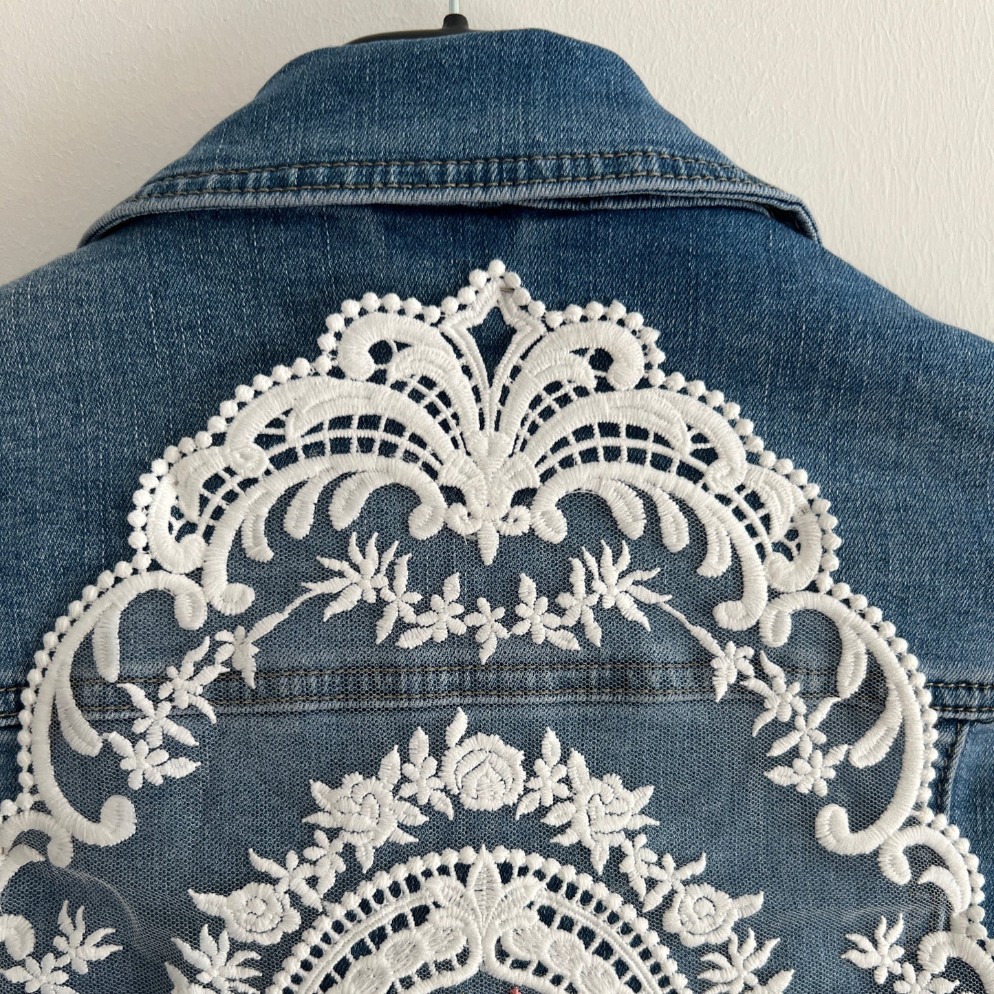 Denim Jacket With Embroidery Lace Lady Top Unique Coat Handmade Birthday Gift for Her Gift For Girl