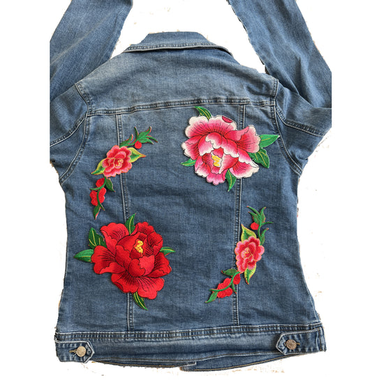 Unique Denim Jacket With Embroidery Flower Patches Lady Coat Handmade Birthday Gift Party Wear