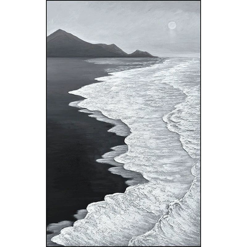 Black and white textured wall Abstract art Black and white Painting Seaside 3D textured oil Painting