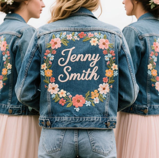 Custom Denim jacket with Embroidery flowers for wedding or parties bride Bridesmaid gift