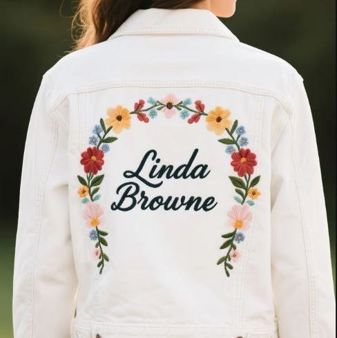 Personalized Denim White Jacket With Embroidery Personal Name For Lady Gift For Her